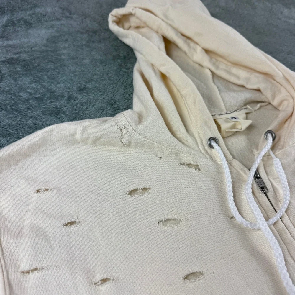 Free People x Tricia Fix Distressed NYC Hoodie Cream Repurposed Vintage XS‎ Zip